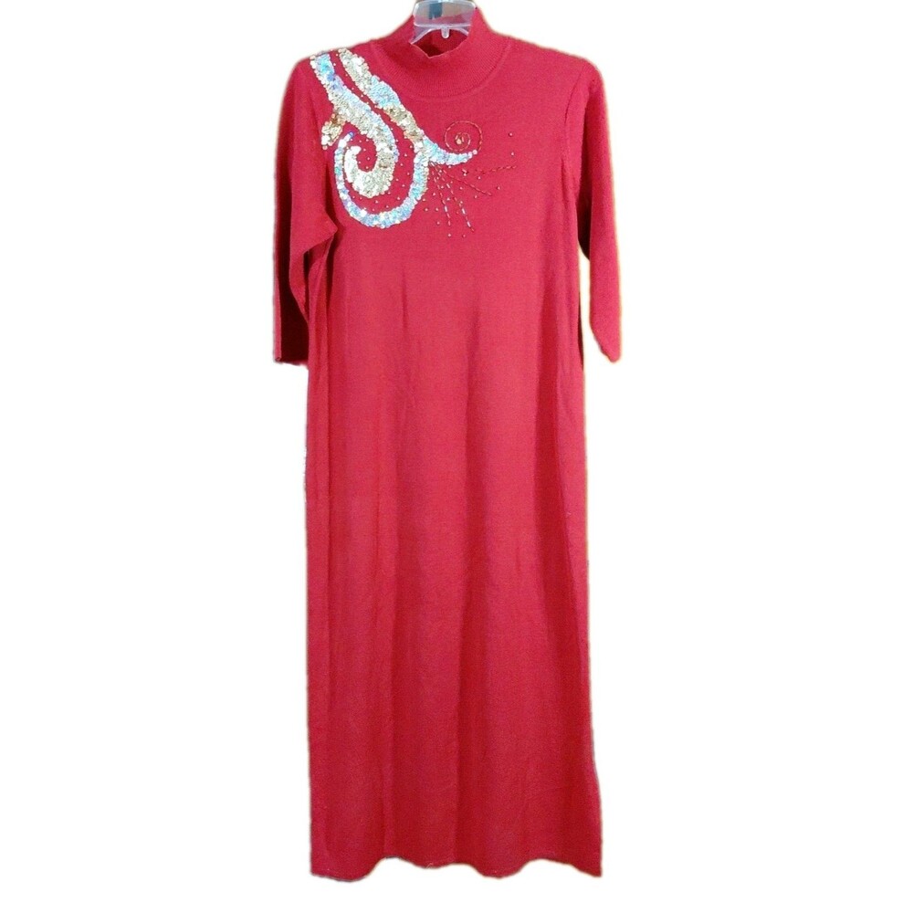 Vintage Carole Patterson L Red Mock Neck 3/4 Sleeve Sequins Maxi Sweater Dress